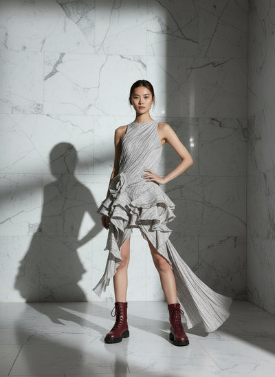 Rosalia Silver Asymmetric crinkle cascading sleeveless mini Dress - ClosetBlues