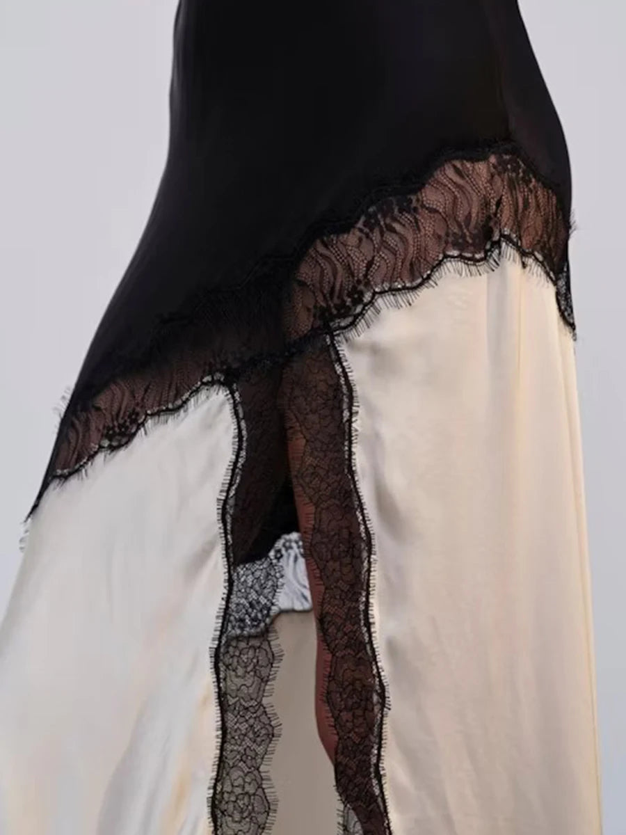 Beliane Satin Two Tone Slip Lace Maxi Dress with Slit