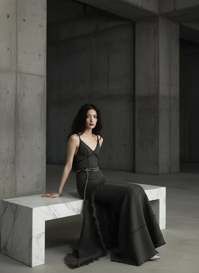 Belila Woolen Irregular Burn Asymmetrical Hem Midi Dress - ClosetBlues