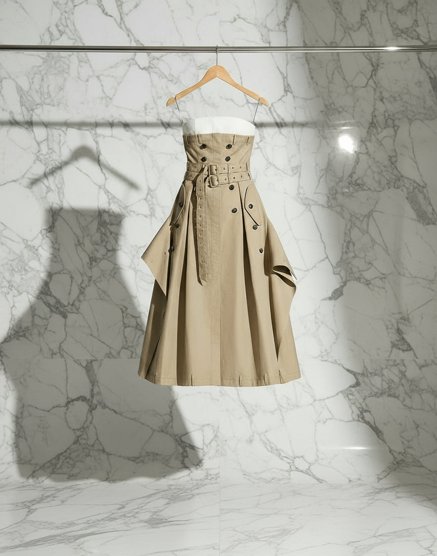 Bulonesse Trench Coat Strapless Maxi Dress - Double Belted Designer Dress