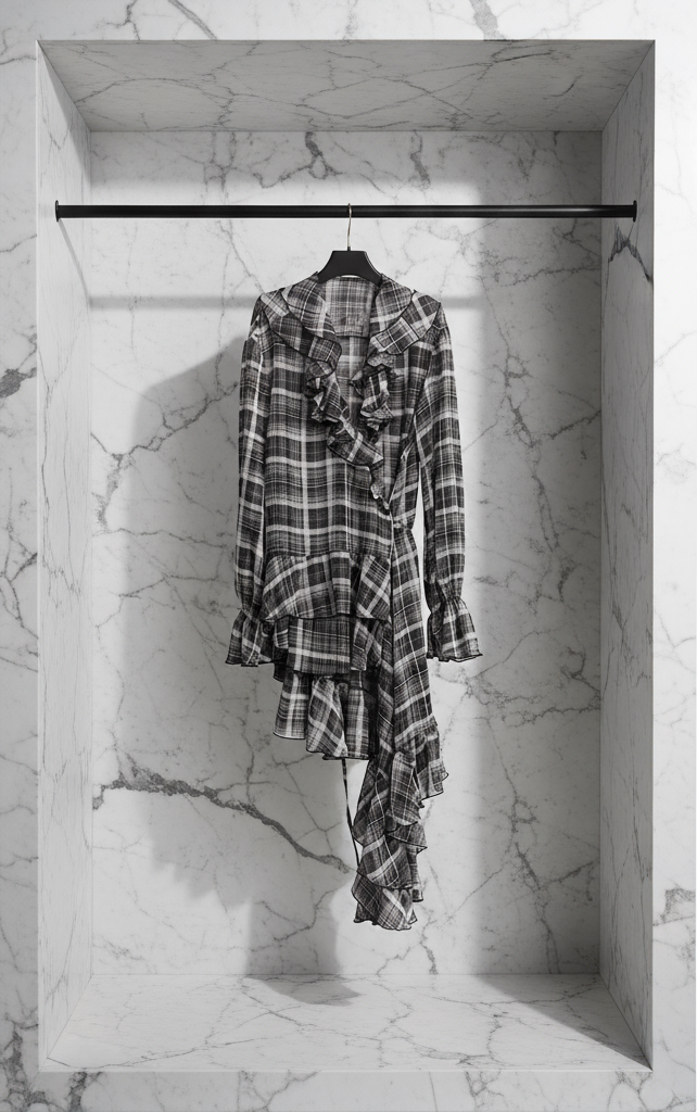 Kalia Plaid Boho Asymmetric Wrap Dress - Sheer Ruffle Designer Dress | ClosetBlues Kalia Plaid Boho Asymmetric Wrap Dress - Sheer Ruffle Designer Dress | ClosetBlues
