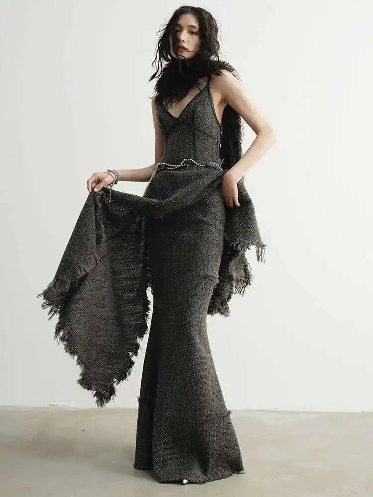 Belila Woolen Irregular Burn Asymetrical Hem Midi Dress