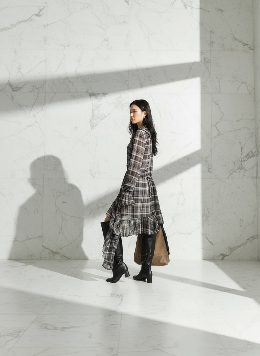 Woman wearing a long plaid dress with ruffles on a plain background
