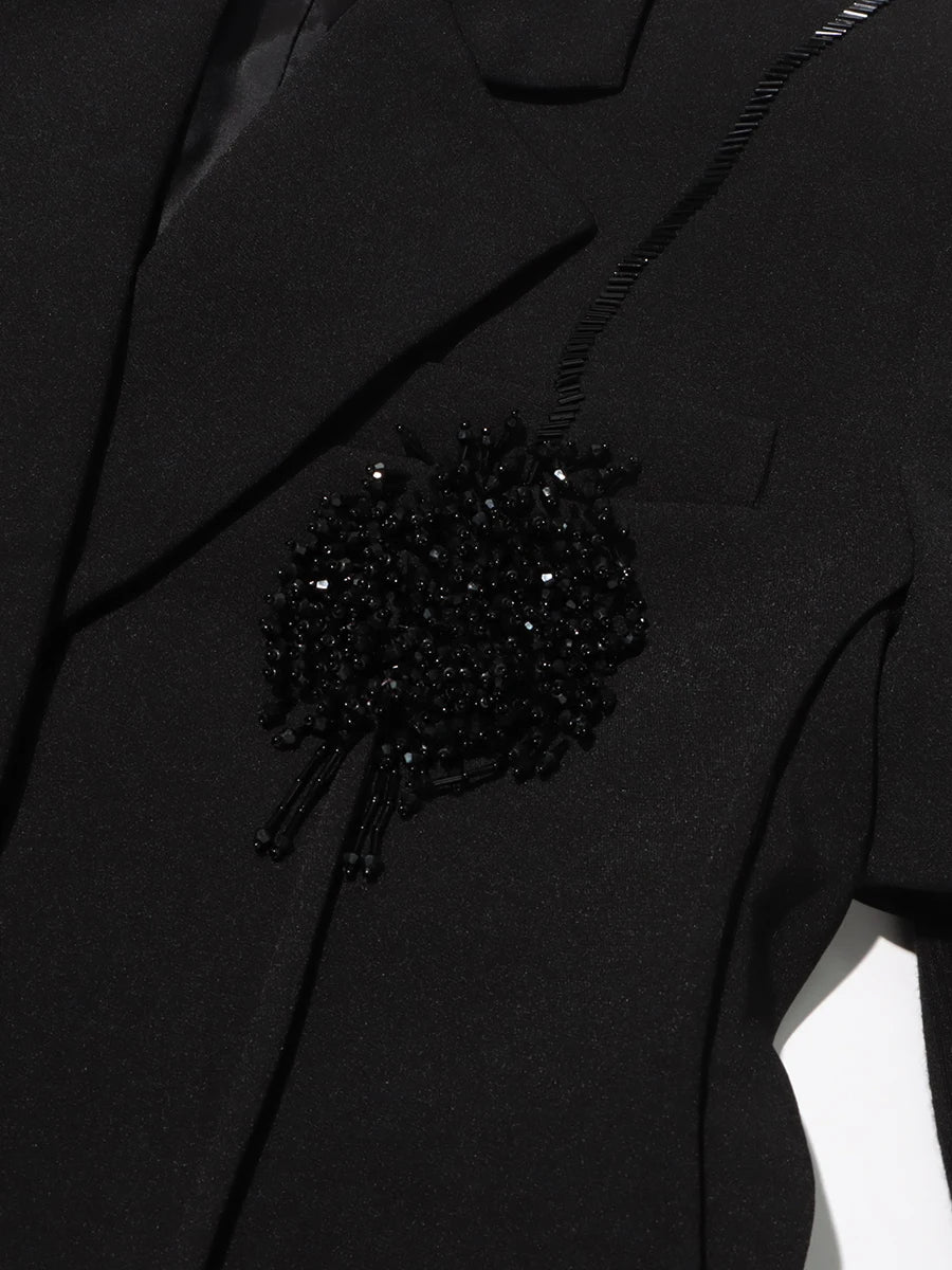 Ledesa Black Puff Sleeve Blazer with Lapel Black Beaded Floral Style