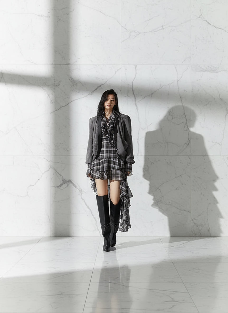 Woman wearing a gray coat, plaid dress, and black knee-high boots against a white background