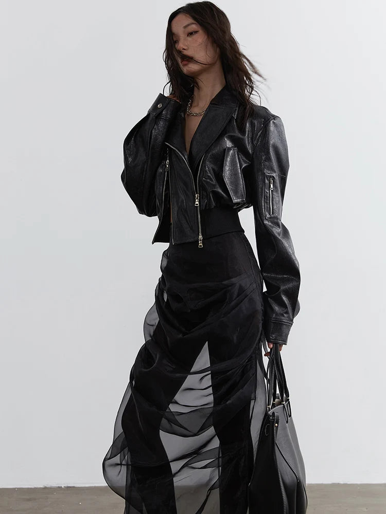 Ladiarra High Waist Black Pleated Sheer Cascade Mesh Skirt