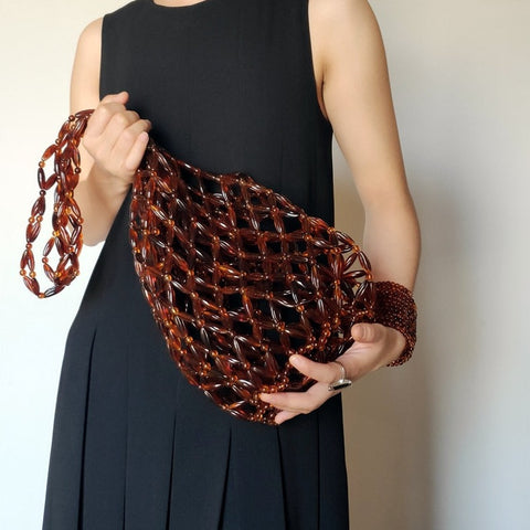 Miss Beaded Tortoise-Shell Oblong Weaving Tote Bag