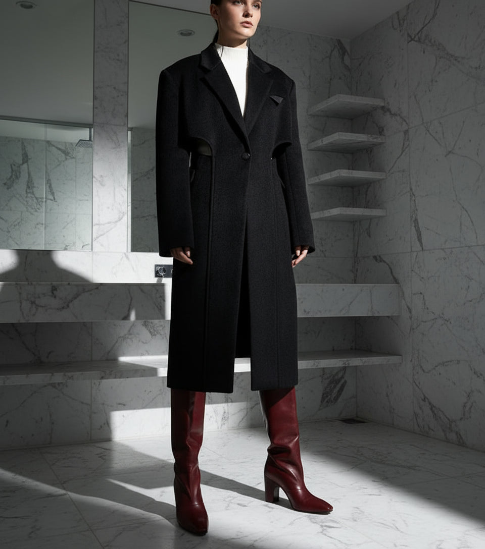 Wylia Black Cut Out Long Woolen Coat