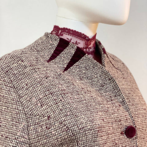 Vintage Montgomery Ward Tweed Coat dress with red burgundy trims in velv…