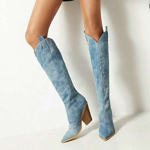 Reva Denim Blue Knee High Western Boots
