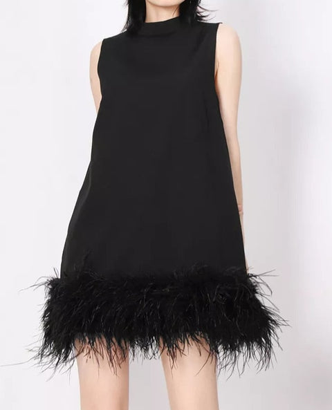 Elemental Little Black/White Dress with Feathers