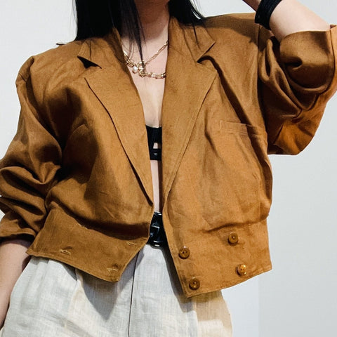 Rae Linen Double Breasted Cropped Structure Jacket - ClosetBlues
