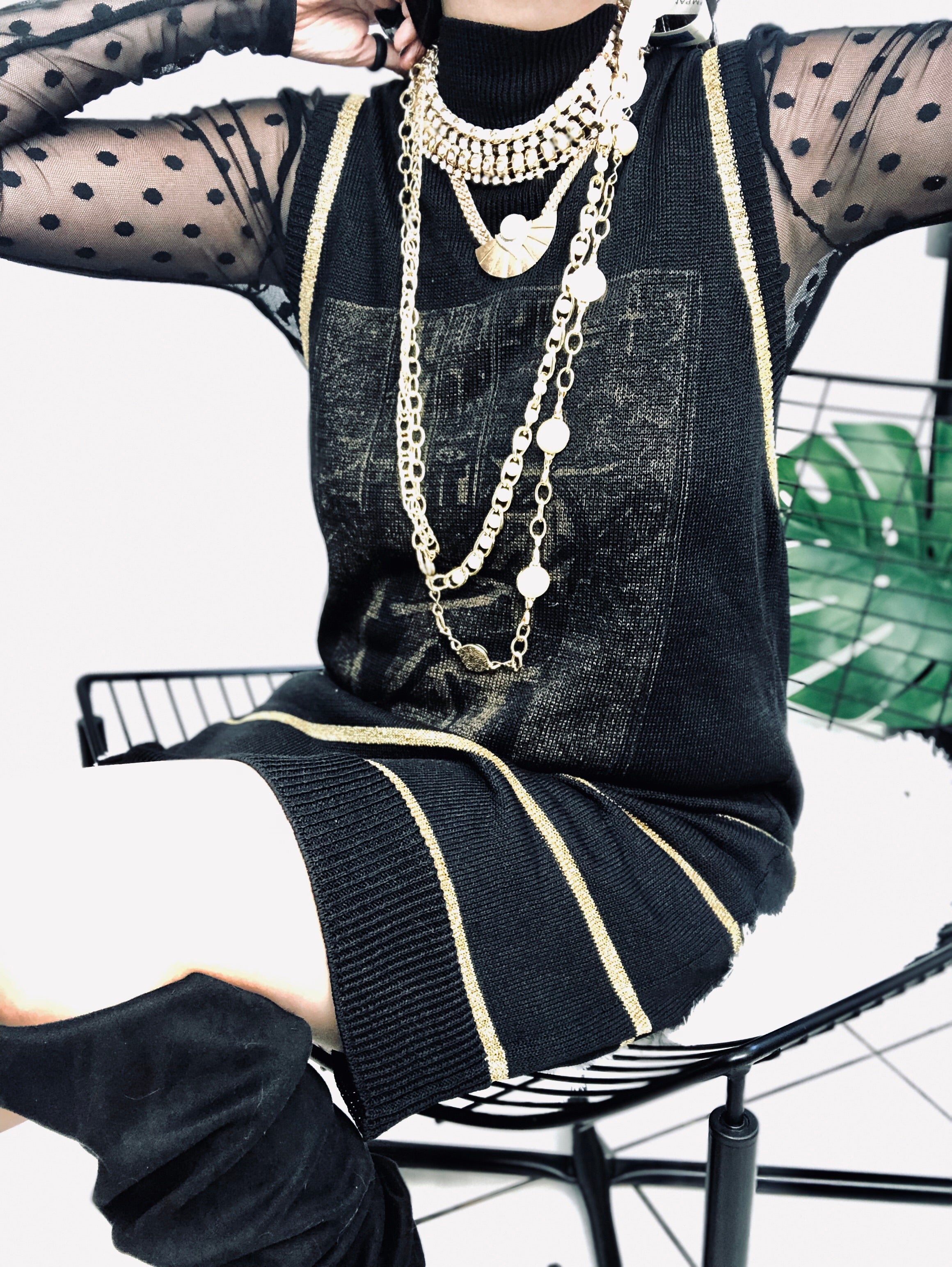 Yesterday Again Collection / Byblos Vest Sweater Knit with gold stripes - ClosetBlues