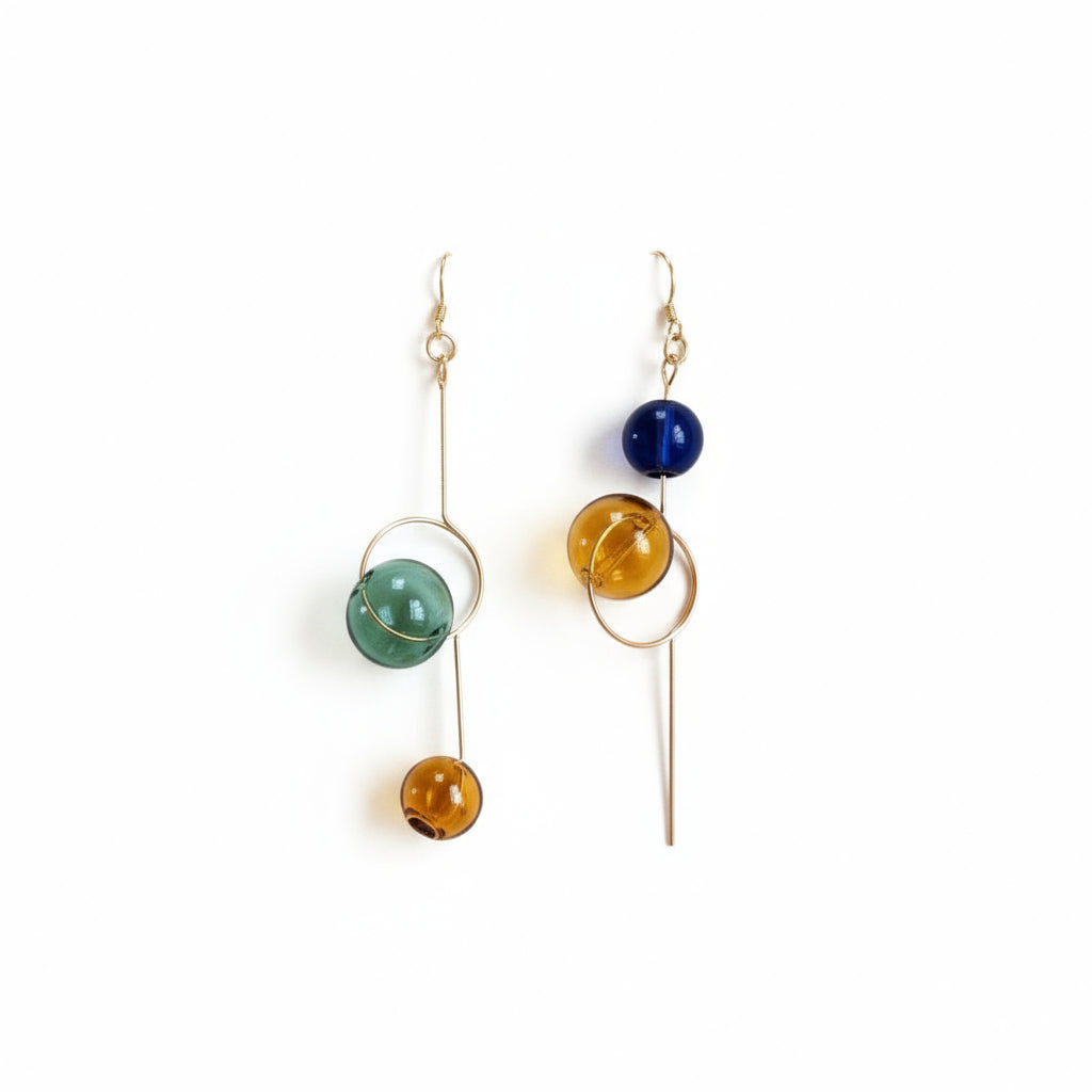 Orna Glass Drop Earrings Asymmetrical Two Tone Spheres - ClosetBlues