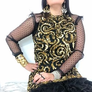 Vintage A. J. Bari Halter Black Gold Sequins Dress - ClosetBlues