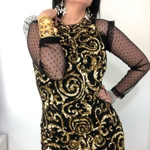 Vintage A. J. Bari Halter Black Gold Sequins Dress - ClosetBlues