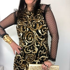 Vintage A. J. Bari Halter Black Gold Sequins Dress - ClosetBlues