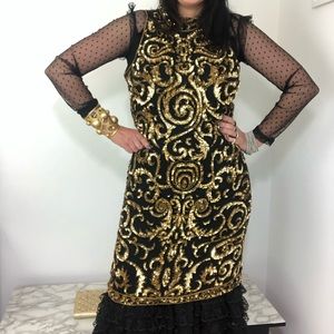 Vintage A. J. Bari Halter Black Gold Sequins Dress - ClosetBlues