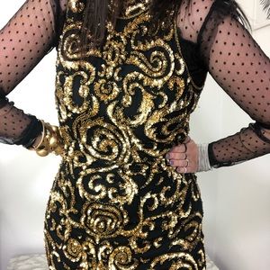 Vintage A. J. Bari Halter Black Gold Sequins Dress - ClosetBlues